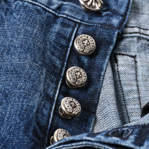 極美品 CHROME HEARTS クロムハーツ セメタリークロスパッチ デニムパンツ ジーンズ サイズ32 35パッチ クロスボール ブルー 中古 4a006043