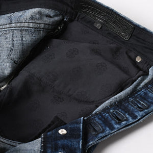 極美品 CHROME HEARTS クロムハーツ セメタリークロスパッチ デニムパンツ ジーンズ サイズ32 35パッチ クロスボール ブルー 中古 4a006043