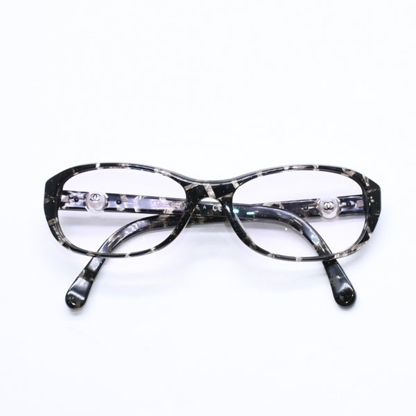 極美品 CHANEL シャネル 伊達メガネ アイウェア 3224-A c.1284 サイズ53□16 135 ココマーク フェイクパール ラメ マーブル 中古 4a006167
