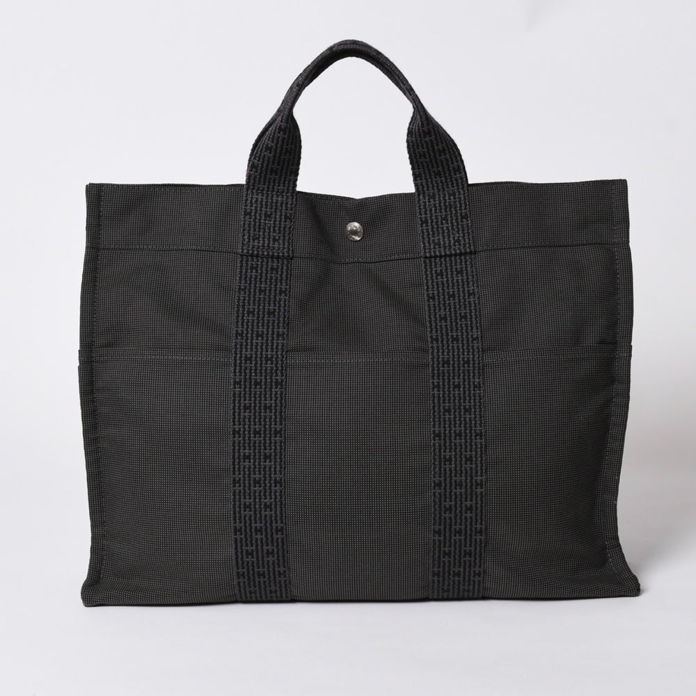 極美品 HERMES エルメス エールライン トート MM ハンドバッグ キャンバス グレー ブラック シルバー金具 中古 4a005812