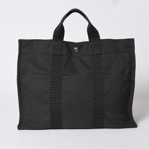 極美品 HERMES エルメス エールライン トート MM ハンドバッグ キャンバス グレー ブラック シルバー金具 中古 4a005812