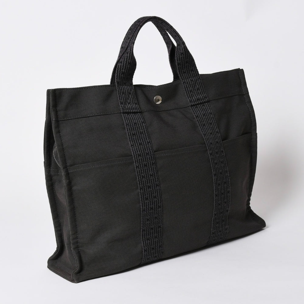 極美品 HERMES エルメス エールライン トート MM ハンドバッグ キャンバス グレー ブラック シルバー金具 中古 4a005812