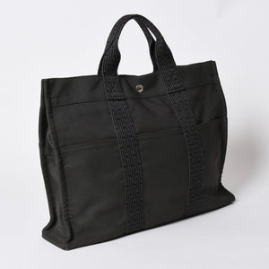 極美品 HERMES エルメス エールライン トート MM ハンドバッグ キャンバス グレー ブラック シルバー金具 中古 4a005812