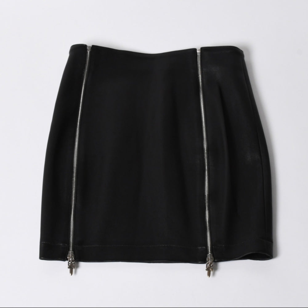 新品同様 CHROME HEARTS クロムハーツ ダブルダガージップ レザーミニスカート サイズS ブラック ラムレザー シルバー925 中古 4a006114