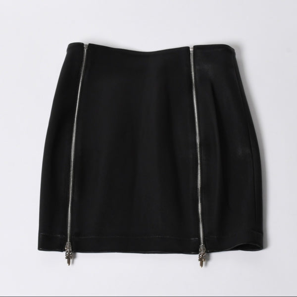 新品同様 CHROME HEARTS クロムハーツ ダブルダガージップ レザーミニスカート サイズS ブラック ラムレザー シルバー925 中古 4a006114