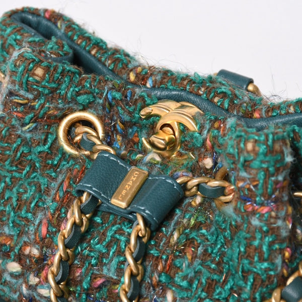 新品同様 CHANEL シャネル スモールバックパック AS3947 ランダム番台 ココマーク ツイード ラムスキン グリーン ゴールド金具 中古 4a006136