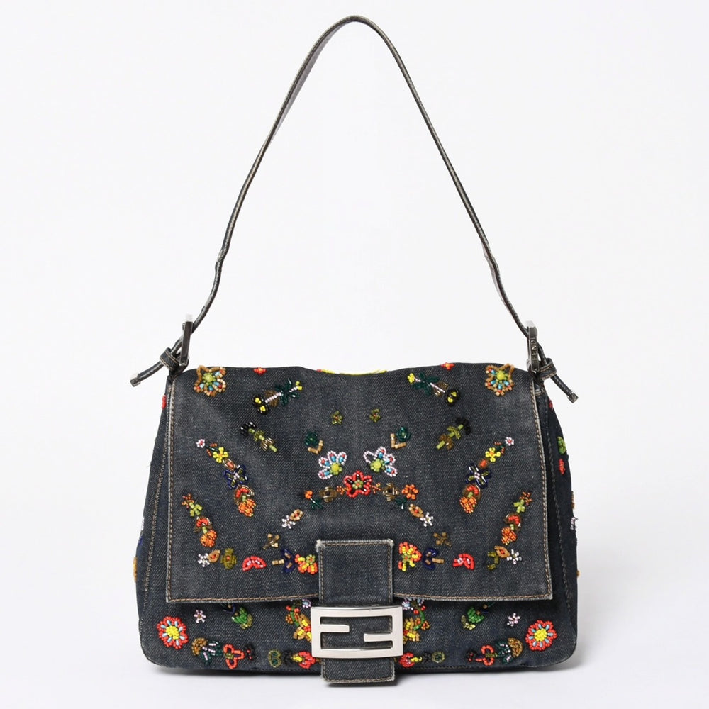FENDI フェンディ マンマバケット ワンショルダーバッグ フラワーモチーフ ビーズ デニム ネイビー シルバー金具 良品 中古 4a006046