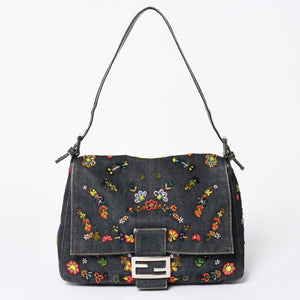 FENDI フェンディ マンマバケット ワンショルダーバッグ フラワーモチーフ ビーズ デニム ネイビー シルバー金具 良品 中古 4a006046