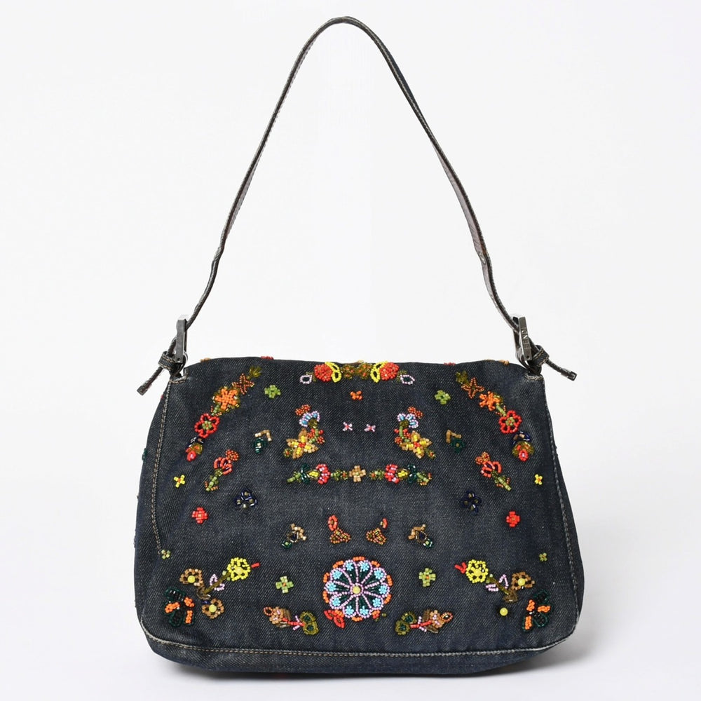 FENDI フェンディ マンマバケット ワンショルダーバッグ フラワーモチーフ ビーズ デニム ネイビー シルバー金具 良品 中古 4a006046