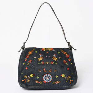 FENDI フェンディ マンマバケット ワンショルダーバッグ フラワーモチーフ ビーズ デニム ネイビー シルバー金具 良品 中古 4a006046