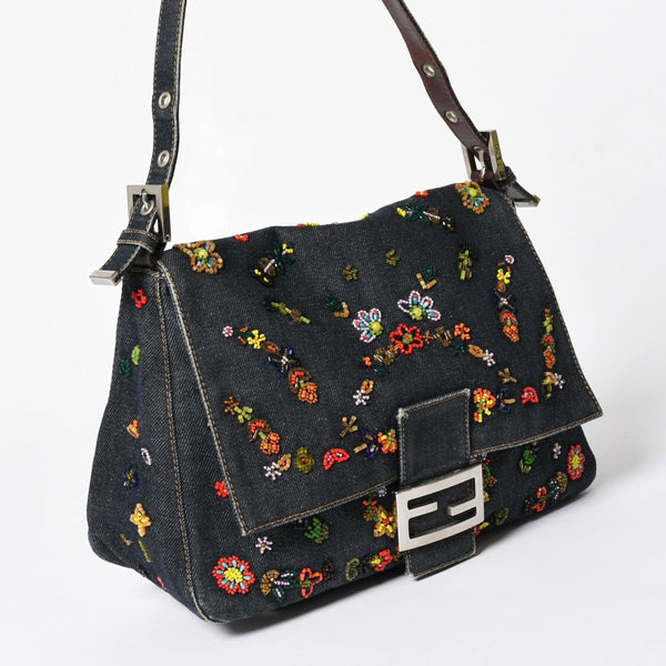 FENDI フェンディ マンマバケット ワンショルダーバッグ フラワーモチーフ ビーズ デニム ネイビー シルバー金具 良品 中古 4a006046