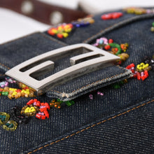 画像をギャラリービューアに読み込む, FENDI フェンディ マンマバケット ワンショルダーバッグ フラワーモチーフ ビーズ デニム ネイビー シルバー金具 良品 中古 4a006046