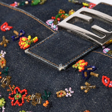 画像をギャラリービューアに読み込む, FENDI フェンディ マンマバケット ワンショルダーバッグ フラワーモチーフ ビーズ デニム ネイビー シルバー金具 良品 中古 4a006046