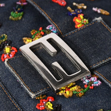 画像をギャラリービューアに読み込む, FENDI フェンディ マンマバケット ワンショルダーバッグ フラワーモチーフ ビーズ デニム ネイビー シルバー金具 良品 中古 4a006046
