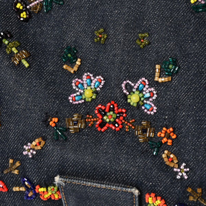 FENDI フェンディ マンマバケット ワンショルダーバッグ フラワーモチーフ ビーズ デニム ネイビー シルバー金具 良品 中古 4a006046