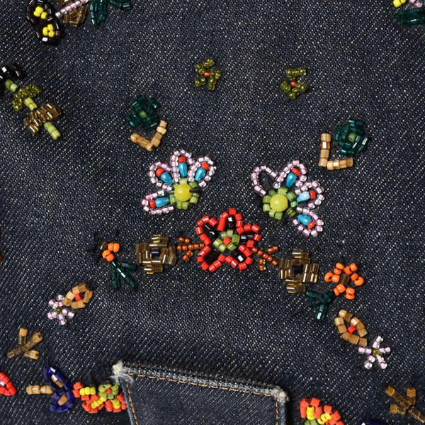 FENDI フェンディ マンマバケット ワンショルダーバッグ フラワーモチーフ ビーズ デニム ネイビー シルバー金具 良品 中古 4a006046