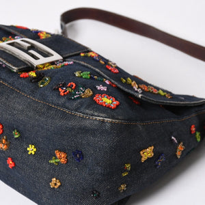 FENDI フェンディ マンマバケット ワンショルダーバッグ フラワーモチーフ ビーズ デニム ネイビー シルバー金具 良品 中古 4a006046