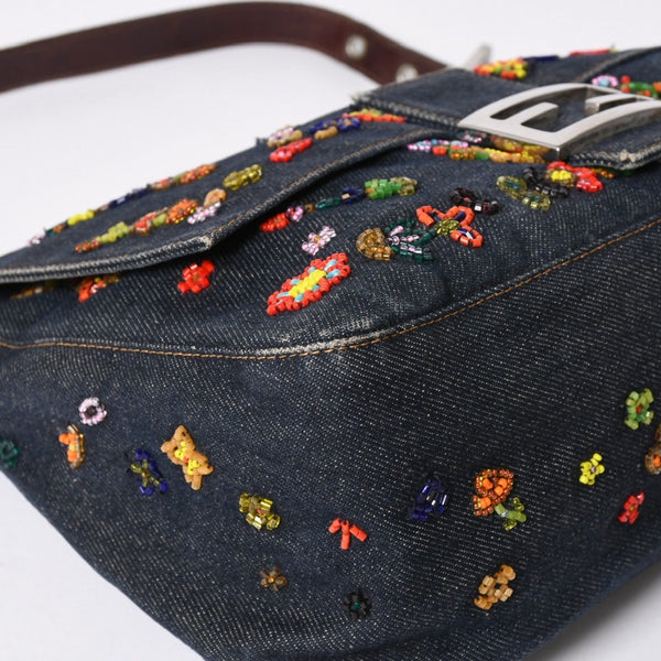 FENDI フェンディ マンマバケット ワンショルダーバッグ フラワーモチーフ ビーズ デニム ネイビー シルバー金具 良品 中古 4a006046