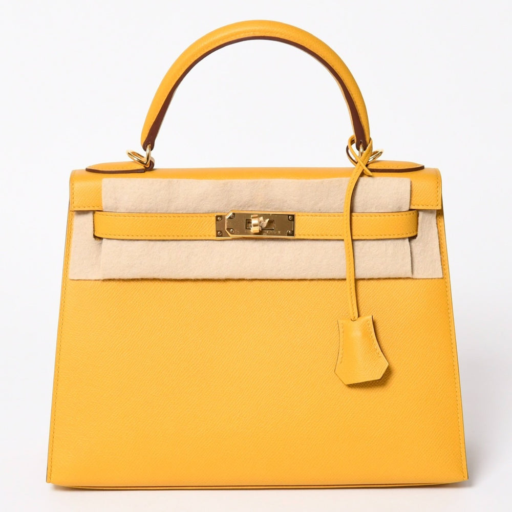 新品未使用 HERMES エルメス ケリー28 外縫い ジョーヌアンブル C刻印 ヴォーエプソン ゴールド金具 ハンドバッグ 中古 4a006151