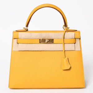 新品未使用 HERMES エルメス ケリー28 外縫い ジョーヌアンブル C刻印 ヴォーエプソン ゴールド金具 ハンドバッグ 中古 4a006151