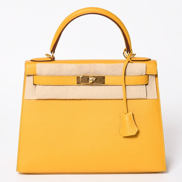 新品未使用 HERMES エルメス ケリー28 外縫い ジョーヌアンブル C刻印 ヴォーエプソン ゴールド金具 ハンドバッグ 中古 4a006151