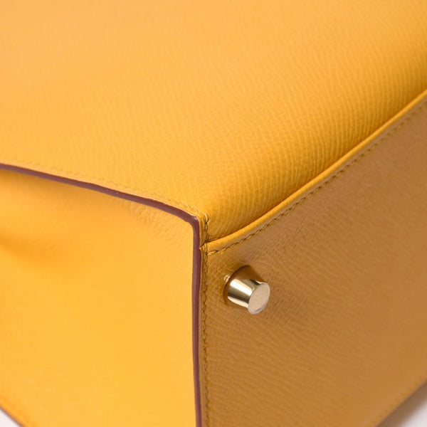 新品未使用 HERMES エルメス ケリー28 外縫い ジョーヌアンブル C刻印 ヴォーエプソン ゴールド金具 ハンドバッグ 中古 4a006151
