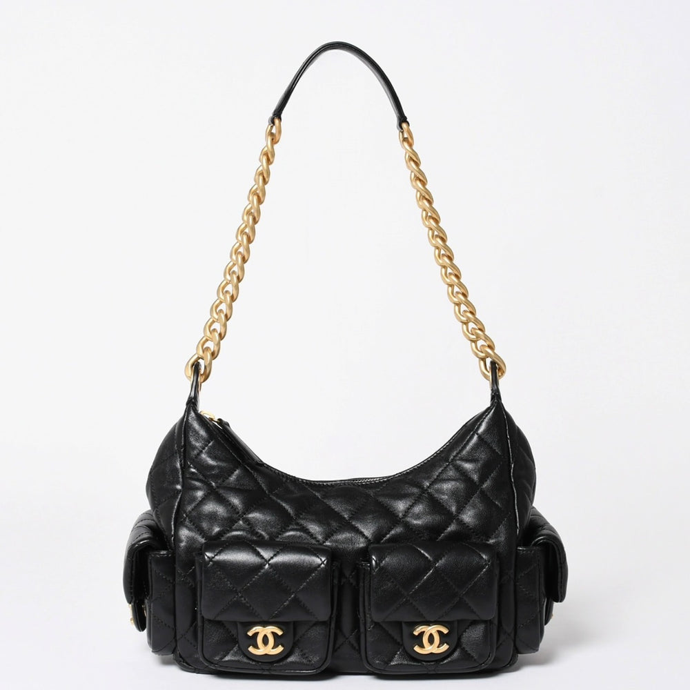 新品同様 CHANEL シャネル ラージ ホーボー ワンショルダーバッグ AS5339 ランダム番台 ココマーク ラムスキン ブラック 中古 4a006148
