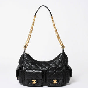 新品同様 CHANEL シャネル ラージ ホーボー ワンショルダーバッグ AS5339 ランダム番台 ココマーク ラムスキン ブラック 中古 4a006148