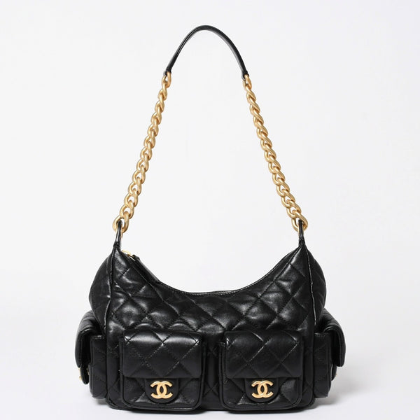 新品同様 CHANEL シャネル ラージ ホーボー ワンショルダーバッグ AS5339 ランダム番台 ココマーク ラムスキン ブラック 中古 4a006148