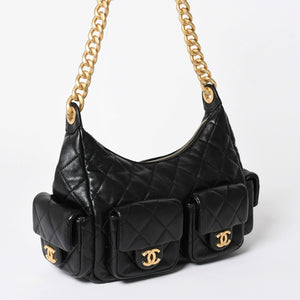 新品同様 CHANEL シャネル ラージ ホーボー ワンショルダーバッグ AS5339 ランダム番台 ココマーク ラムスキン ブラック 中古 4a006148