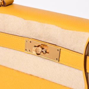 新品未使用 HERMES エルメス ケリー28 外縫い ジョーヌアンブル C刻印 ヴォーエプソン ゴールド金具 ハンドバッグ 中古 4a006151