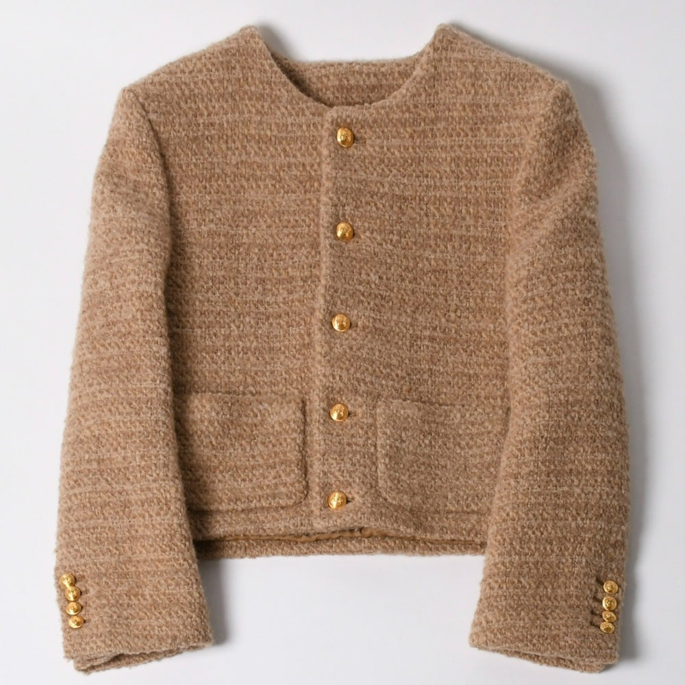 極美品 CELINE セリーヌ ノーカラージャケット 2V83I576R ベージュ ウール モヘア ゴールド金具 中古 4b007925