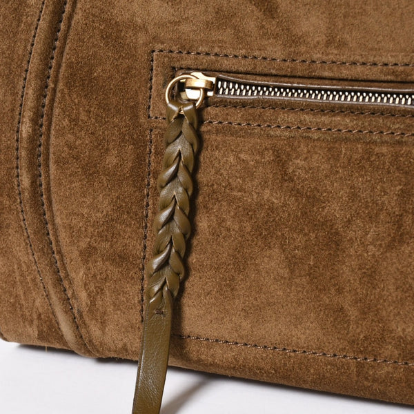 CELINE セリーヌ ラゲージマイクロショッパー ショルダーバッグ ハンドバッグ フィービー期 カーキ カーフスキン スエード シルバー金具 廃盤 中古 4a006222