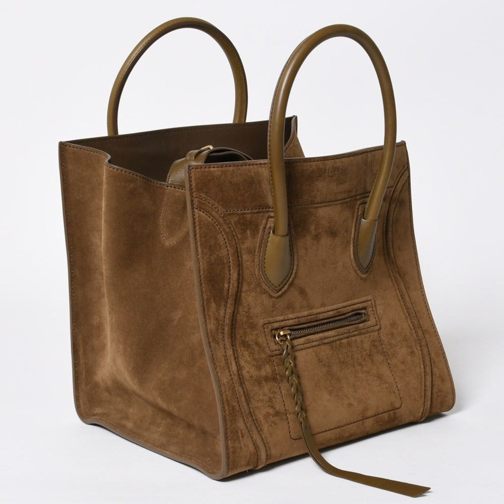 CELINE セリーヌ ラゲージマイクロショッパー ショルダーバッグ ハンドバッグ フィービー期 カーキ カーフスキン スエード シルバー金具 廃盤 中古 4a006222