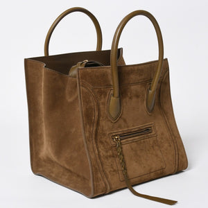CELINE セリーヌ ラゲージマイクロショッパー ショルダーバッグ ハンドバッグ フィービー期 カーキ カーフスキン スエード シルバー金具 廃盤 中古 4a006222