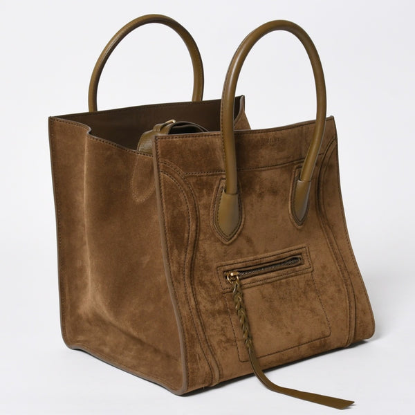 CELINE セリーヌ ラゲージマイクロショッパー ショルダーバッグ ハンドバッグ フィービー期 カーキ カーフスキン スエード シルバー金具 廃盤 中古 4a006222