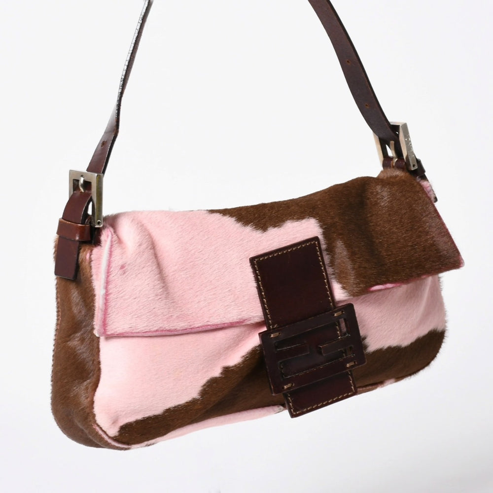 極美品 FENDI フェンディ マンマバケット ハラコ レザー ショルダーバッグ 2308-26424-099 ピンク ブラウン シルバー金具 中古 4a006149