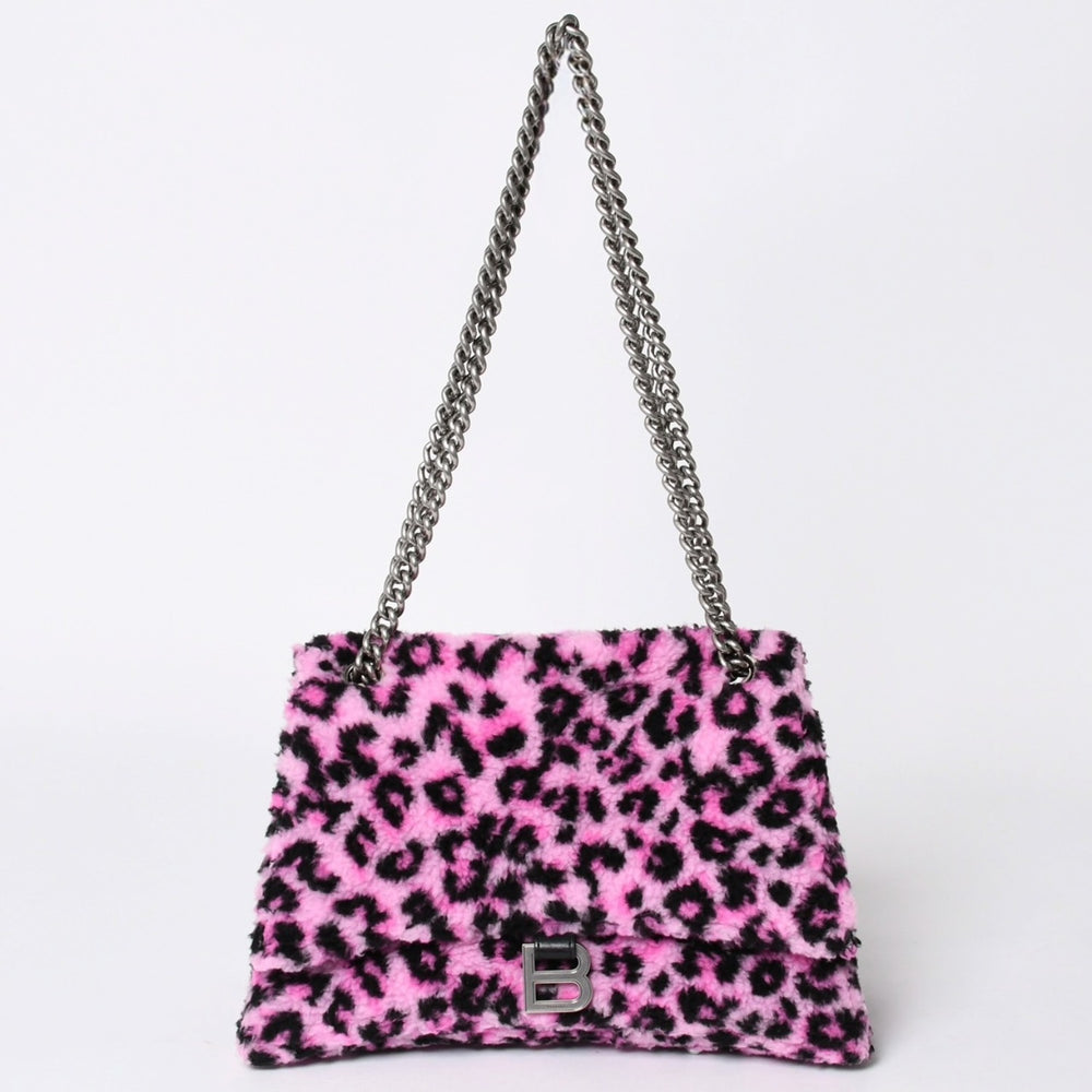 BALENCIAGA バレンシアガ ショルダーバッグ CRUSH クラッシュ M レオパード柄 ピンク ブラック 716393 美品 中古 4a005040