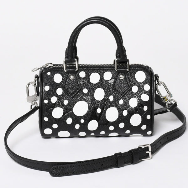 新品同様 LOUIS VUITTON ルイヴィトン ナノ スピーディー ハンドバッグ 草間彌生 モノグラム アンプラント M81910 ブラック 中古 4a006239