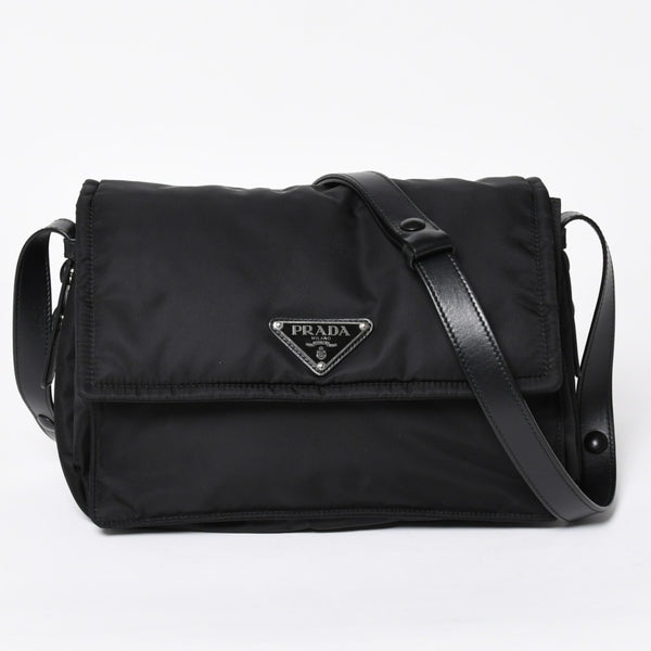 極美品 PRADA プラダ ポコノ ショルダーバッグ トライアングルロゴ 三角ロゴ ナイロン ブラック シルバー金具 中古 4a006214