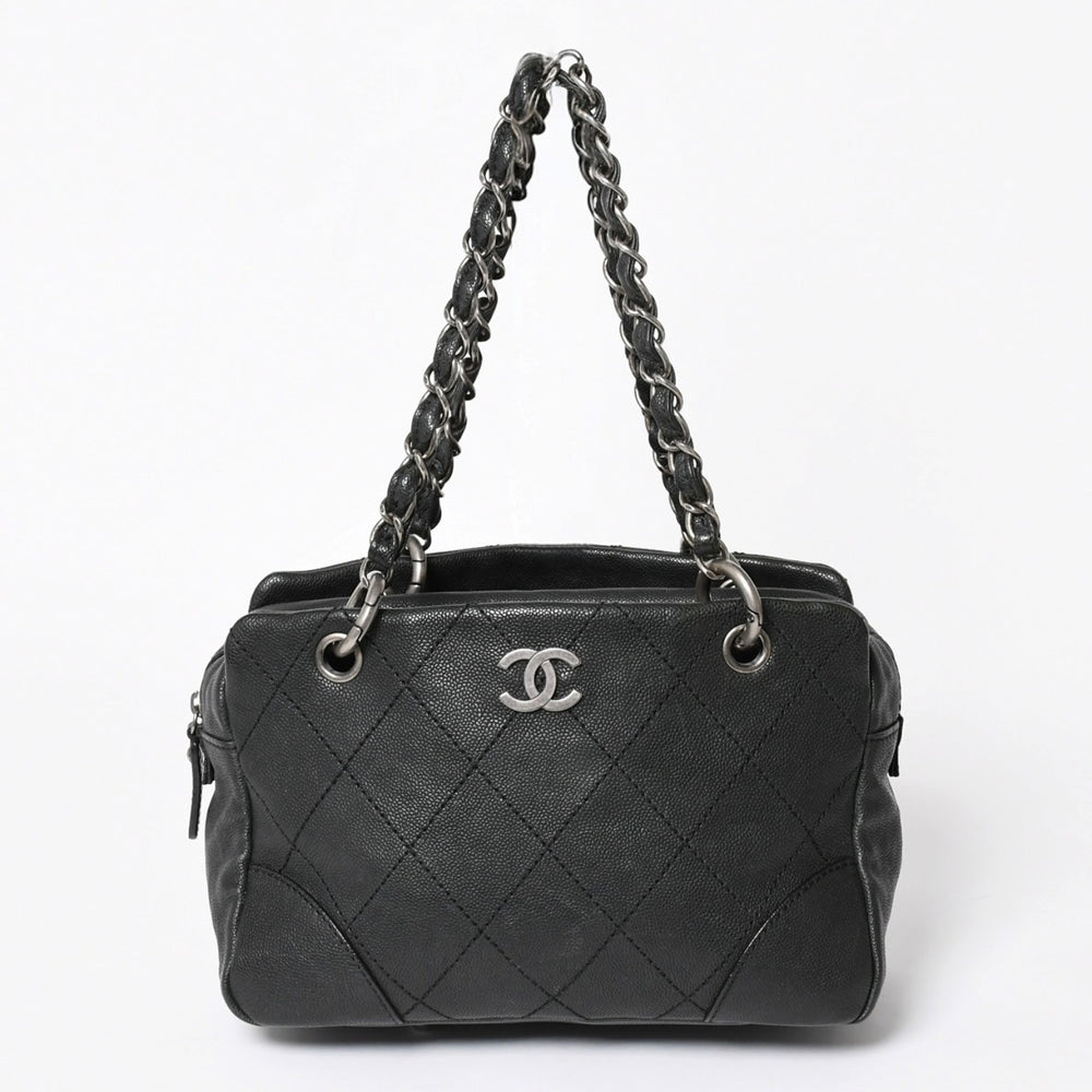 極美品 CHANEL シャネル ワイルドステッチ チェーントートバッグ 10番台 ココマーク キャビアスキン ブラック 中古 4a006232
