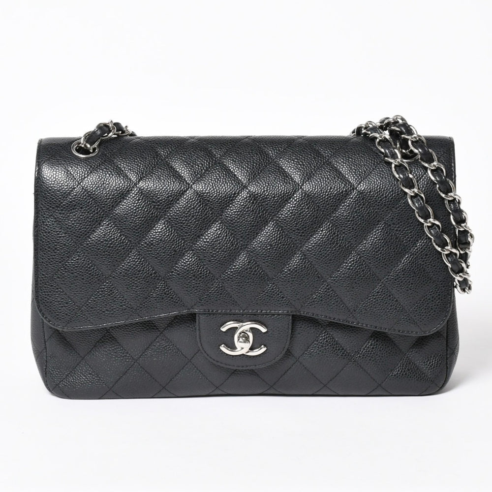 極美品 CHANEL シャネル デカマトラッセ30 Wフラップ Wチェーンショルダーバッグ 16番台 ココマーク キャビアスキン ブラック 中古 4a006242