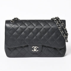 極美品 CHANEL シャネル デカマトラッセ30 Wフラップ Wチェーンショルダーバッグ 16番台 ココマーク キャビアスキン ブラック 中古 4a006242