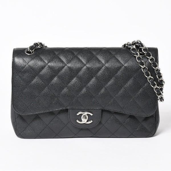 極美品 CHANEL シャネル デカマトラッセ30 Wフラップ Wチェーンショルダーバッグ 16番台 ココマーク キャビアスキン ブラック 中古 4a006242