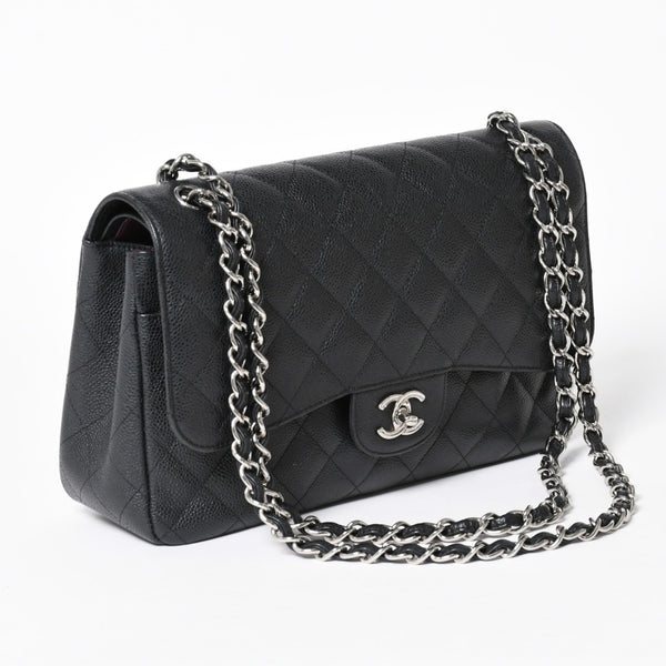 極美品 CHANEL シャネル デカマトラッセ30 Wフラップ Wチェーンショルダーバッグ 16番台 ココマーク キャビアスキン ブラック 中古 4a006242