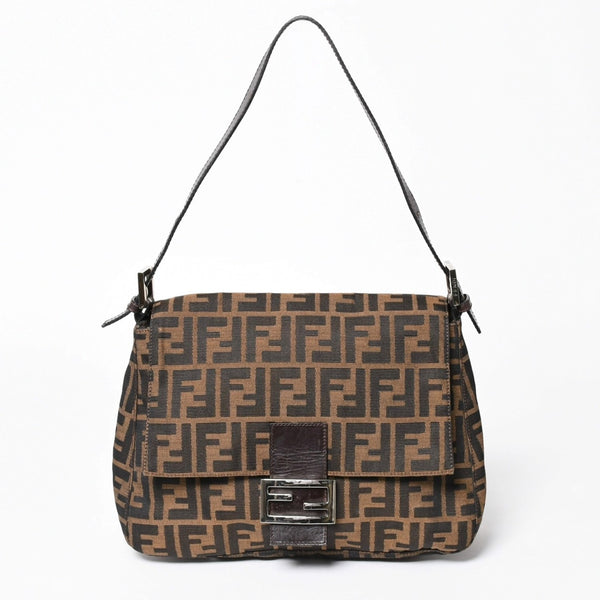 極美品 FENDI フェンディ マンマバケット ワンショルダーバッグ 26325 ズッカ柄 ブラウン ヴィンテージ シルバー金具 中古 4a006218