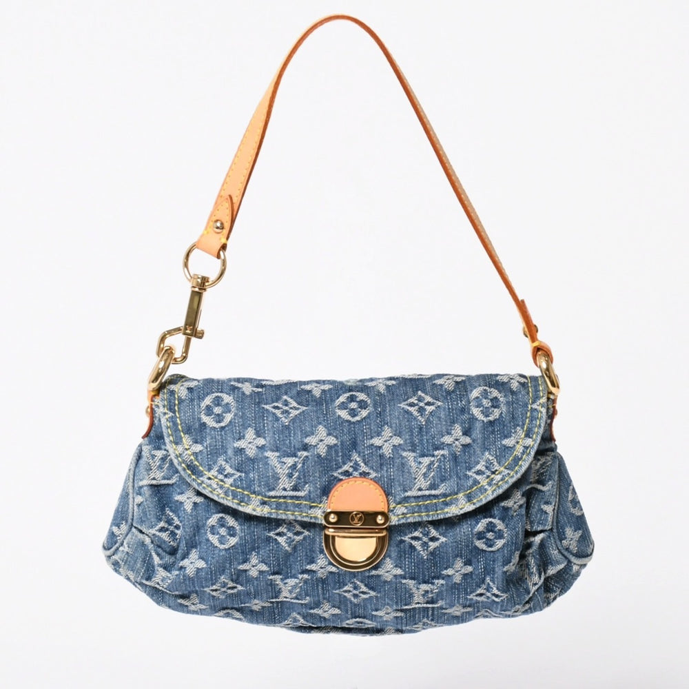 新品同様品 LOUIS VUITTON ルイヴィトン ハンドバッグ ミニプリーティ デニム ブルー モノグラムデニム M95050 中古 4a006256