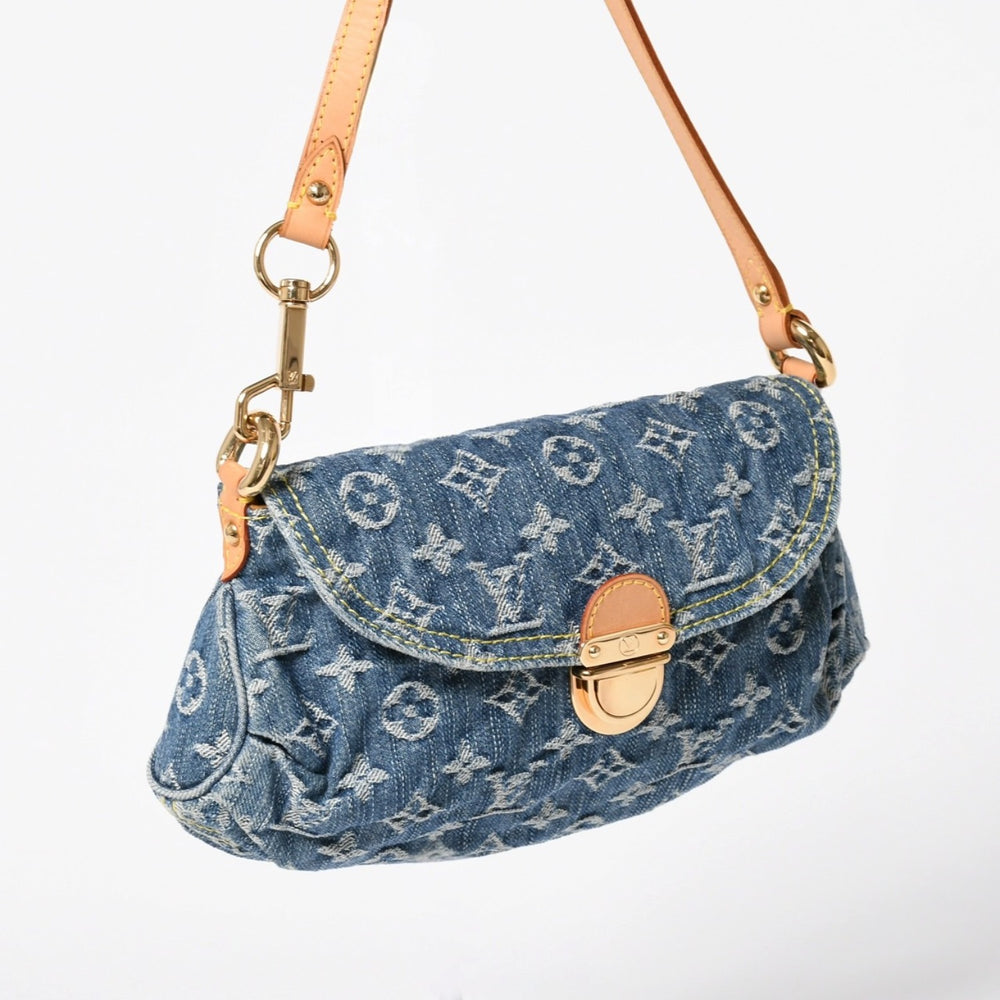 新品同様品 LOUIS VUITTON ルイヴィトン ハンドバッグ ミニプリーティ デニム ブルー モノグラムデニム M95050 中古 4a006256