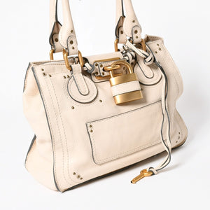 極美品 CHLOE クロエ パディントン ハンドバッグ 01-09-51-5811 ルーマニア製 レザー アイボリー ゴールド金具 中古 4a006212