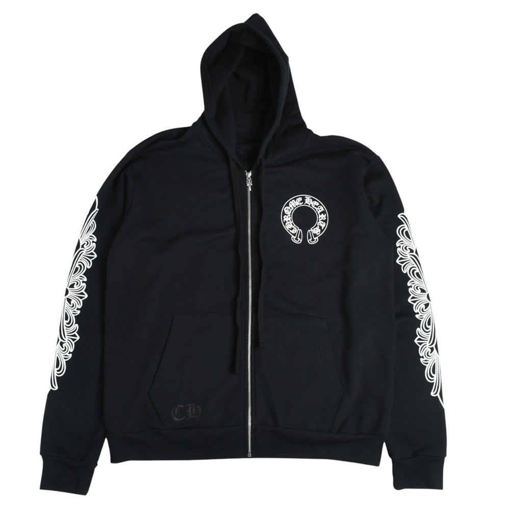 新品未使用 CHROME HEARTS クロムハーツ ジップアップフーディー パーカー サイズM フローラルクロス ブラック 中古 4a006244